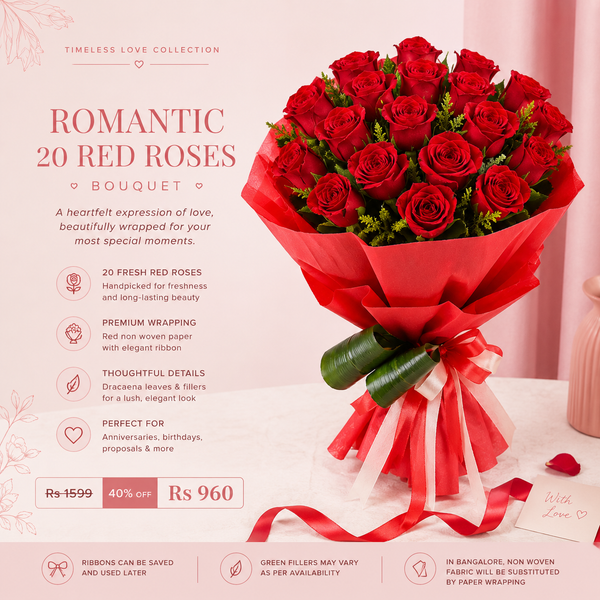 Romantic 20 Red Roses Bouquet – Luxury Red Rose Flower Bouquet for Anniversary, Proposal & Romantic Gifting