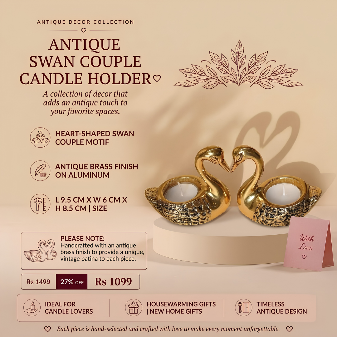 Antique Swan Couple Candle Holder – Elegant Brass Finish Decorative Tealight Set