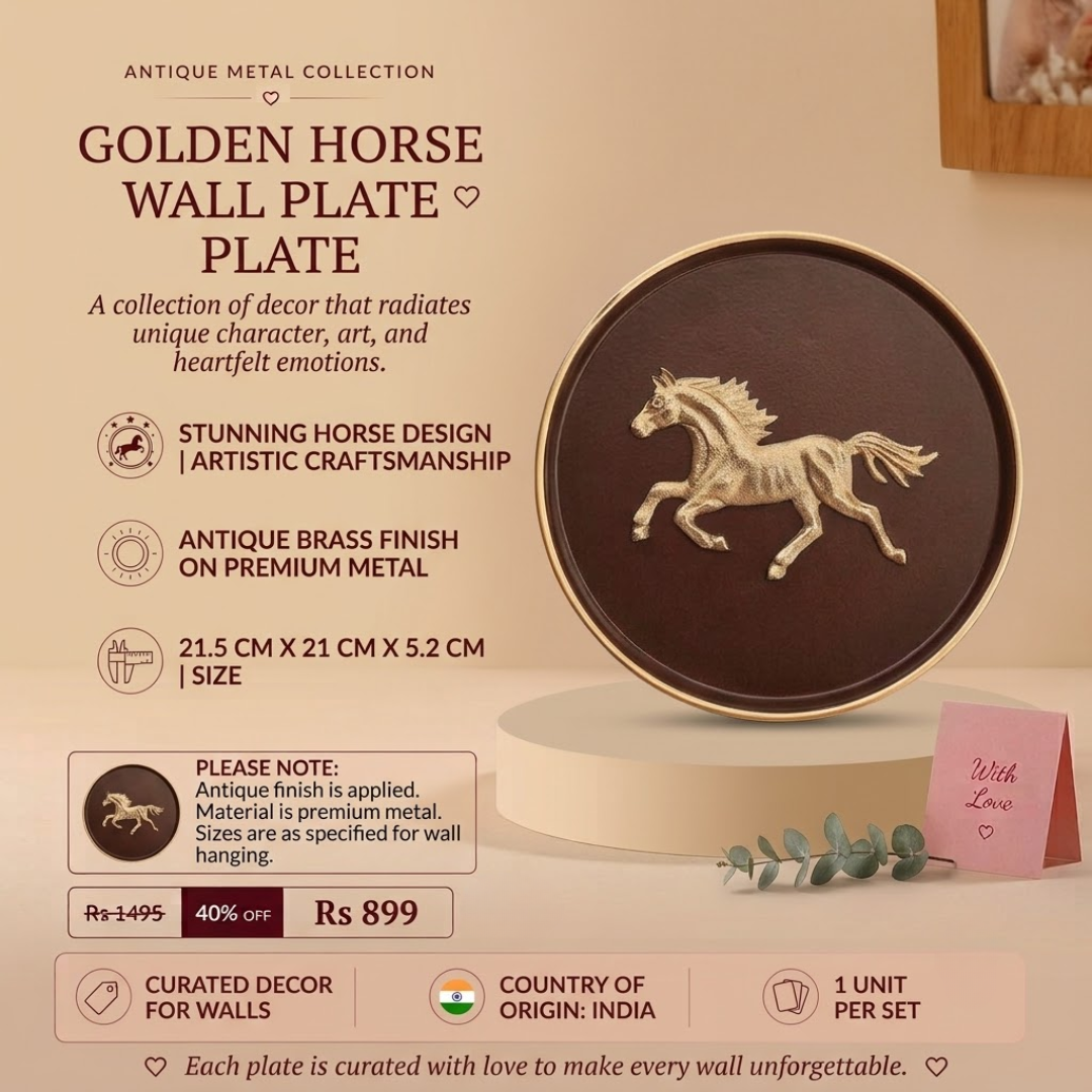 Golden Horse Wall Plate – Antique Brass Finish Decorative Metal Wall Art