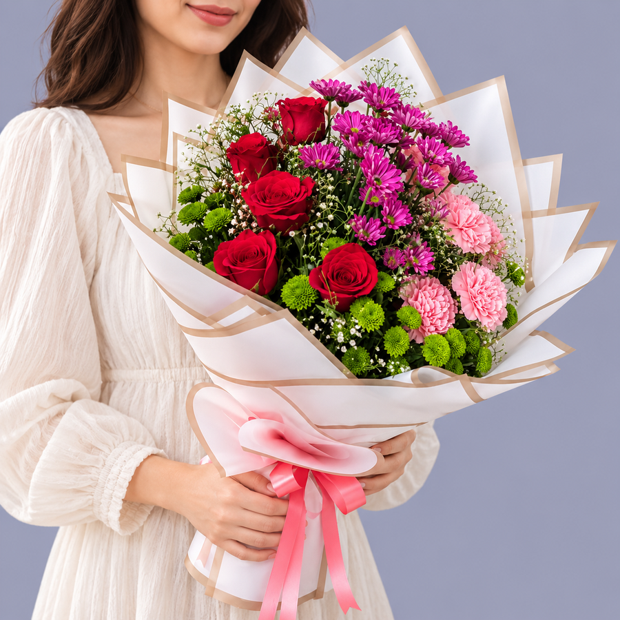 Graceful Charm 5 Roses & 5 Carnation Flowers Bouquet