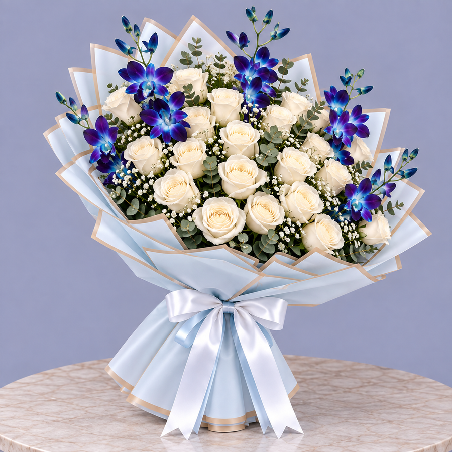 Eternal Elegance 5 Blue Orchids & 25 White Roses Bouquet