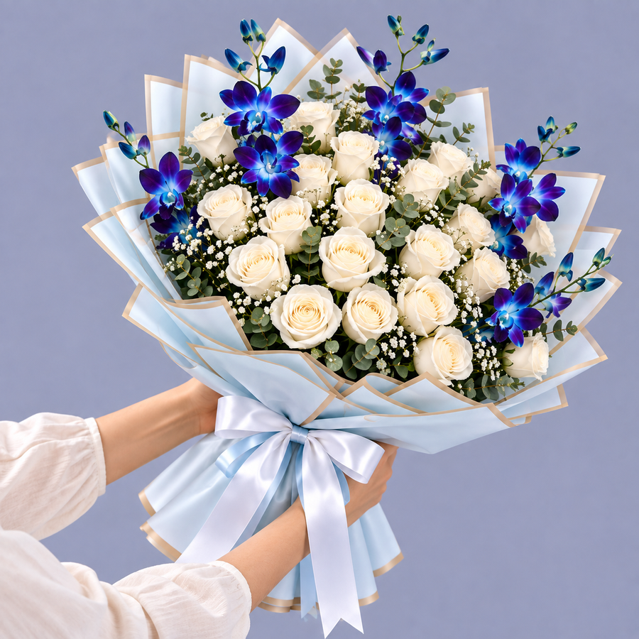 Eternal Elegance 5 Blue Orchids & 25 White Roses Bouquet