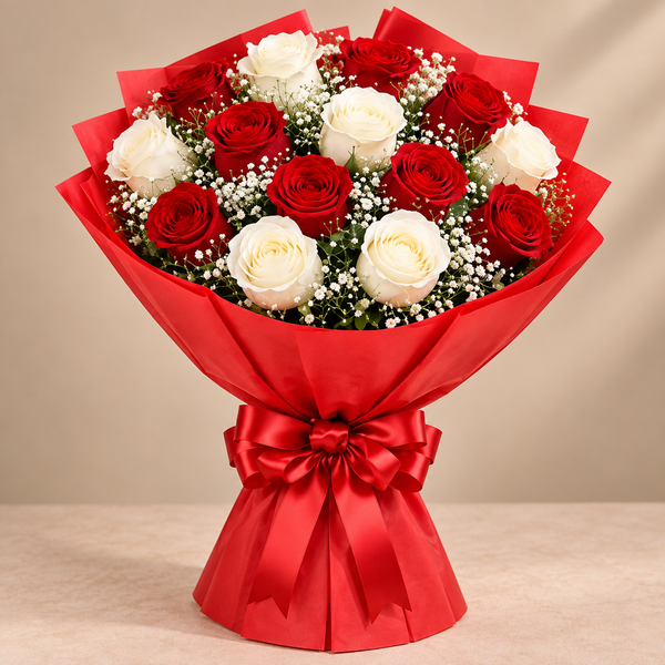 Crimson Love of 10 White & 10 Red Roses Bouquet