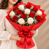 Crimson Love of 10 White & 10 Red Roses Bouquet