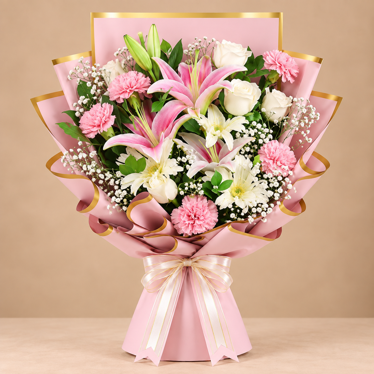 The Blush Affair White Rose, Pink Carnation & Lily Bouquet