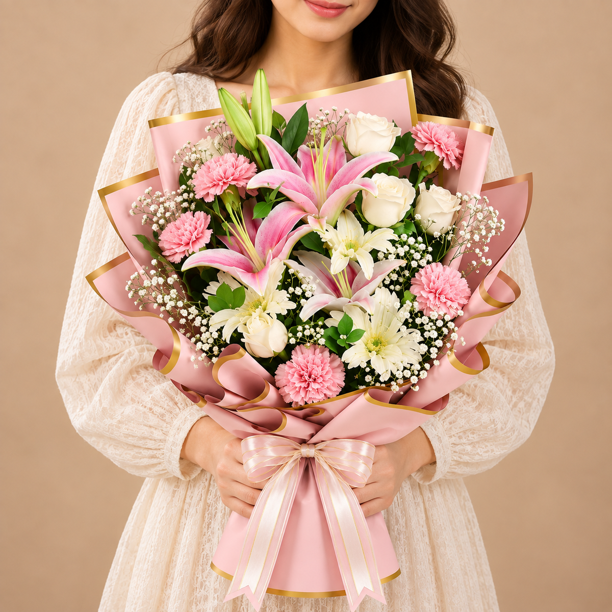 The Blush Affair White Rose, Pink Carnation & Lily Bouquet