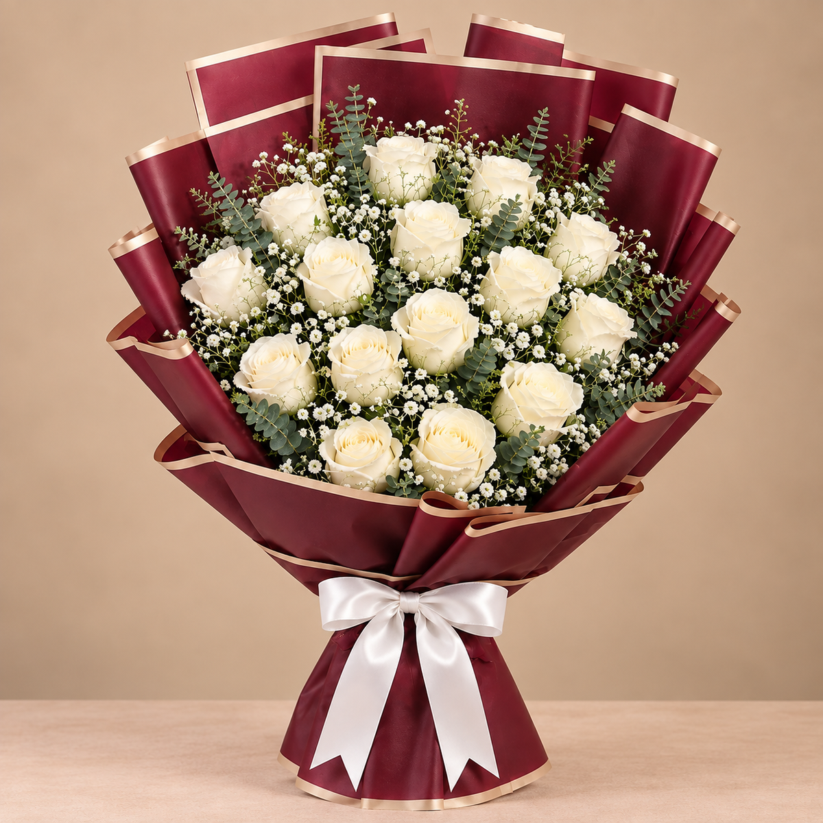 Elegant Burgundy-Wrapped Bouquet of 15 White Roses