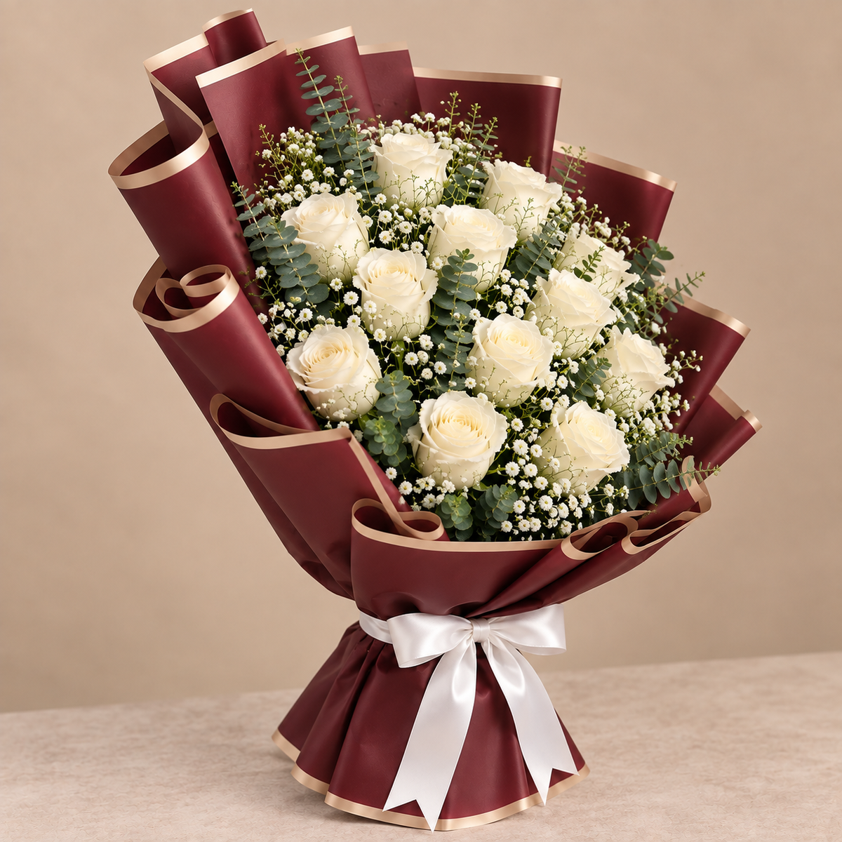 Elegant Burgundy-Wrapped Bouquet of 15 White Roses