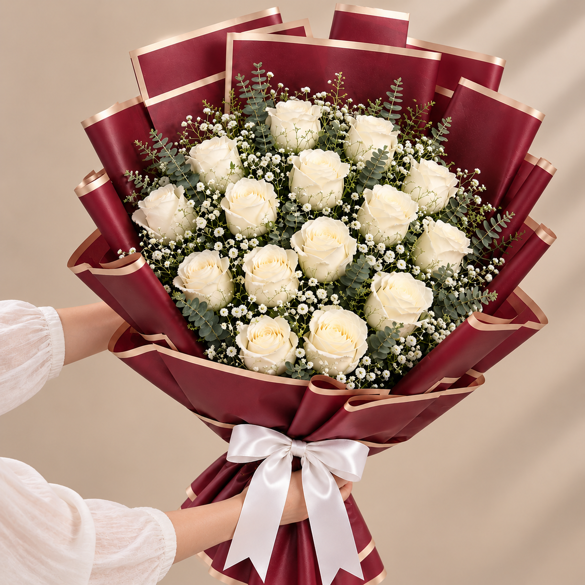 Elegant Burgundy-Wrapped Bouquet of 15 White Roses