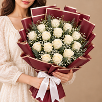 Elegant Burgundy-Wrapped Bouquet of 15 White Roses