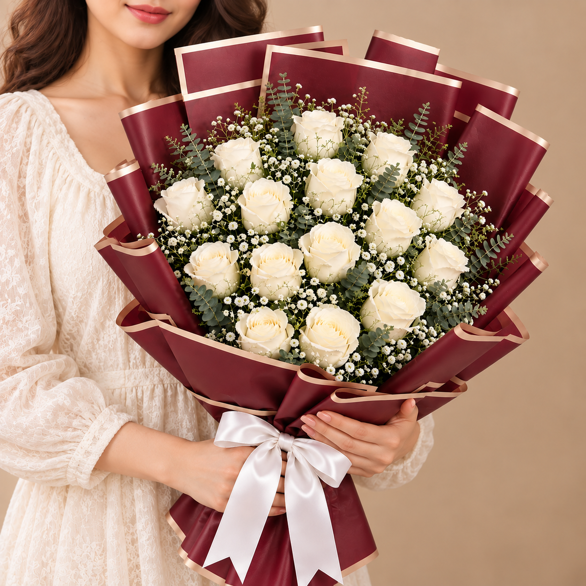 Elegant Burgundy-Wrapped Bouquet of 15 White Roses