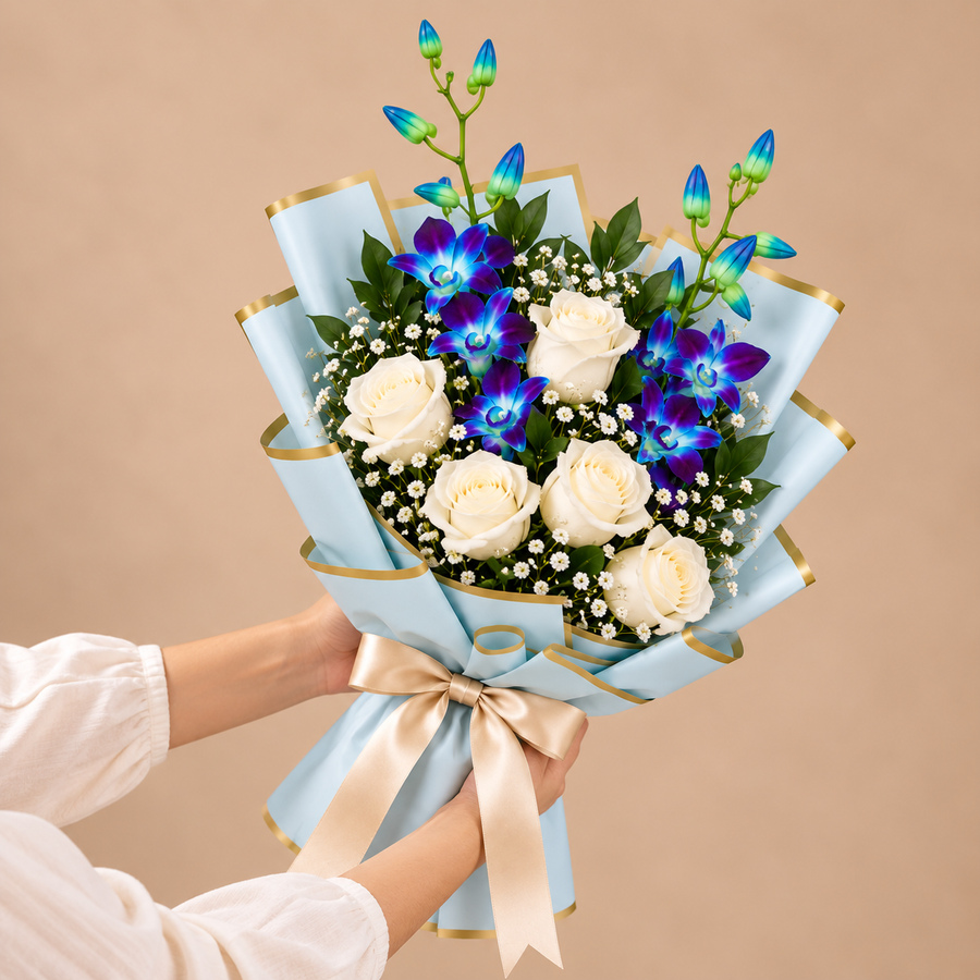 Serene Blooms 3 Blue Orchids & 5 White Roses Bouquet
