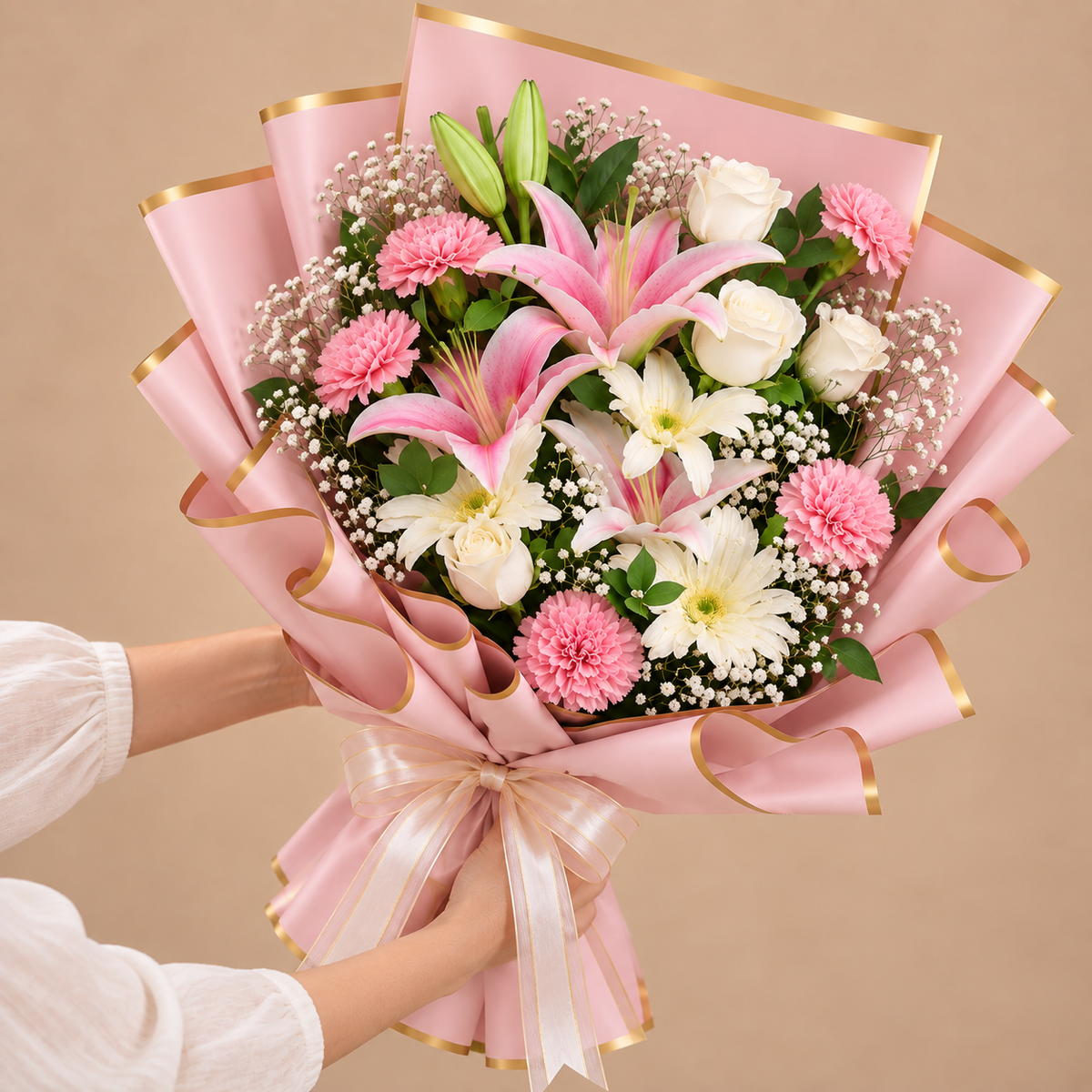 The Blush Affair White Rose, Pink Carnation & Lily Bouquet