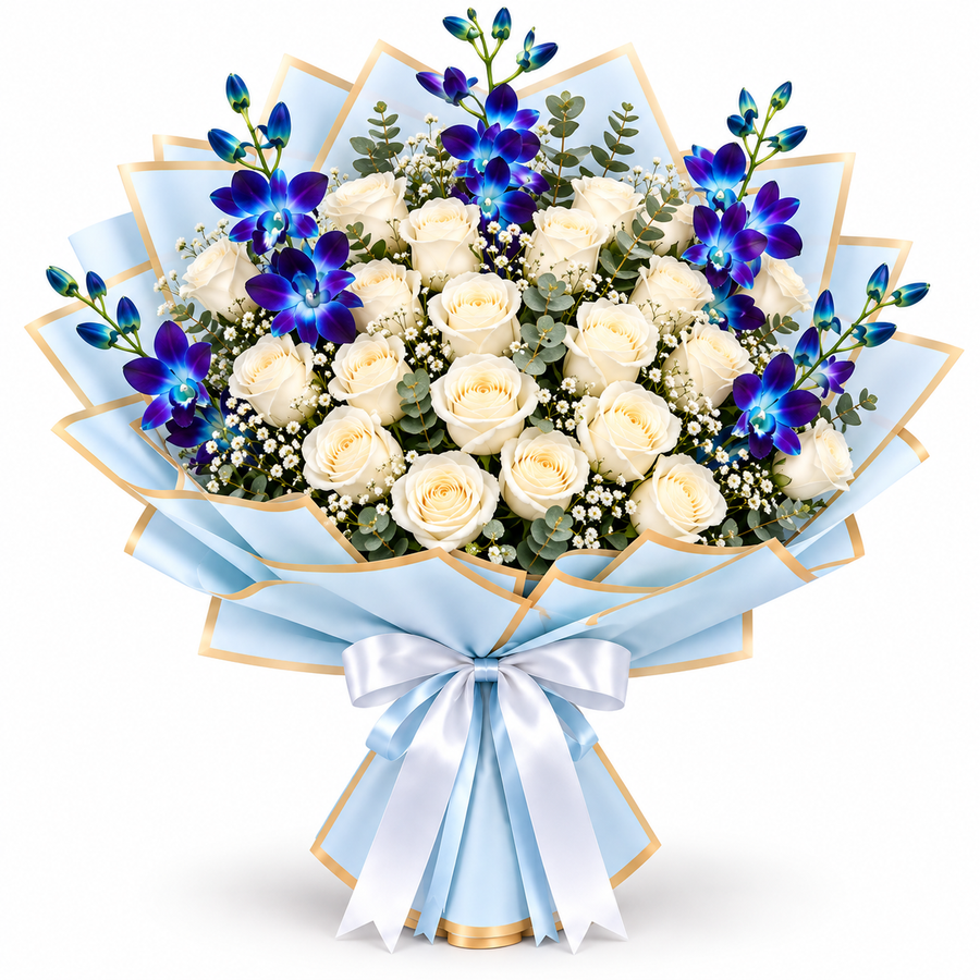 Eternal Elegance 5 Blue Orchids & 25 White Roses Bouquet