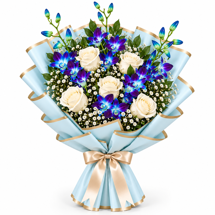 Serene Blooms 3 Blue Orchids & 5 White Roses Bouquet