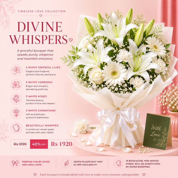 Divine Whispers Luxury Flower Bouquet – White Lilies, Roses, Gerberas & Carnations