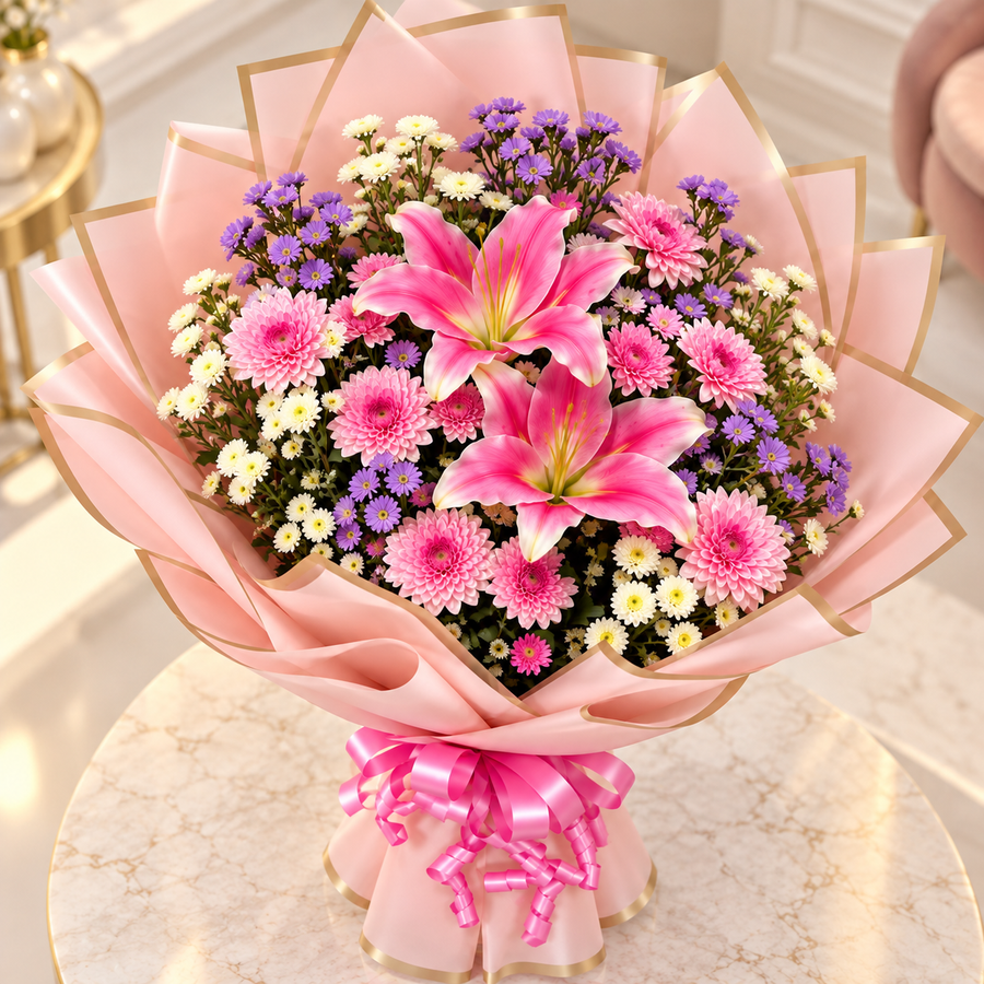Blossom Serenity Beautiful Lily & Daisy Flowers Bouquet