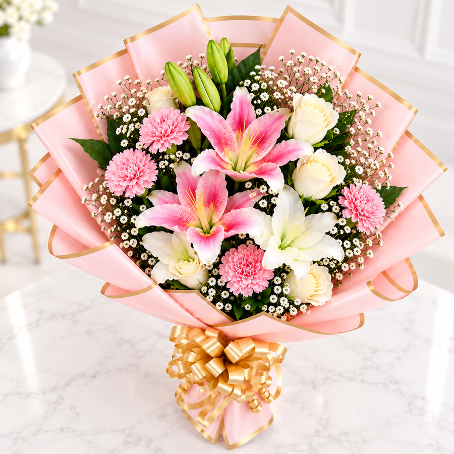 The Blush Affair White Rose, Pink Carnation & Lily Bouquet