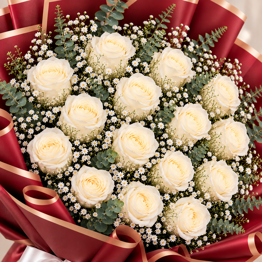 Elegant Burgundy-Wrapped Bouquet of 15 White Roses