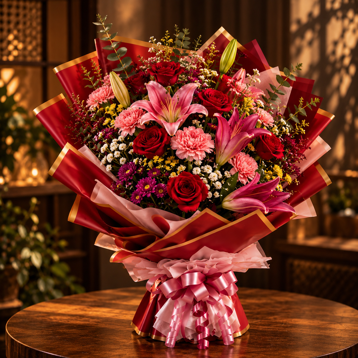 A large, vibrant floral bouquet wrapped in red and pink paper with gold trim, tied with a pink ribbon, displayed on a wooden table in a warmly lit indoor setting.