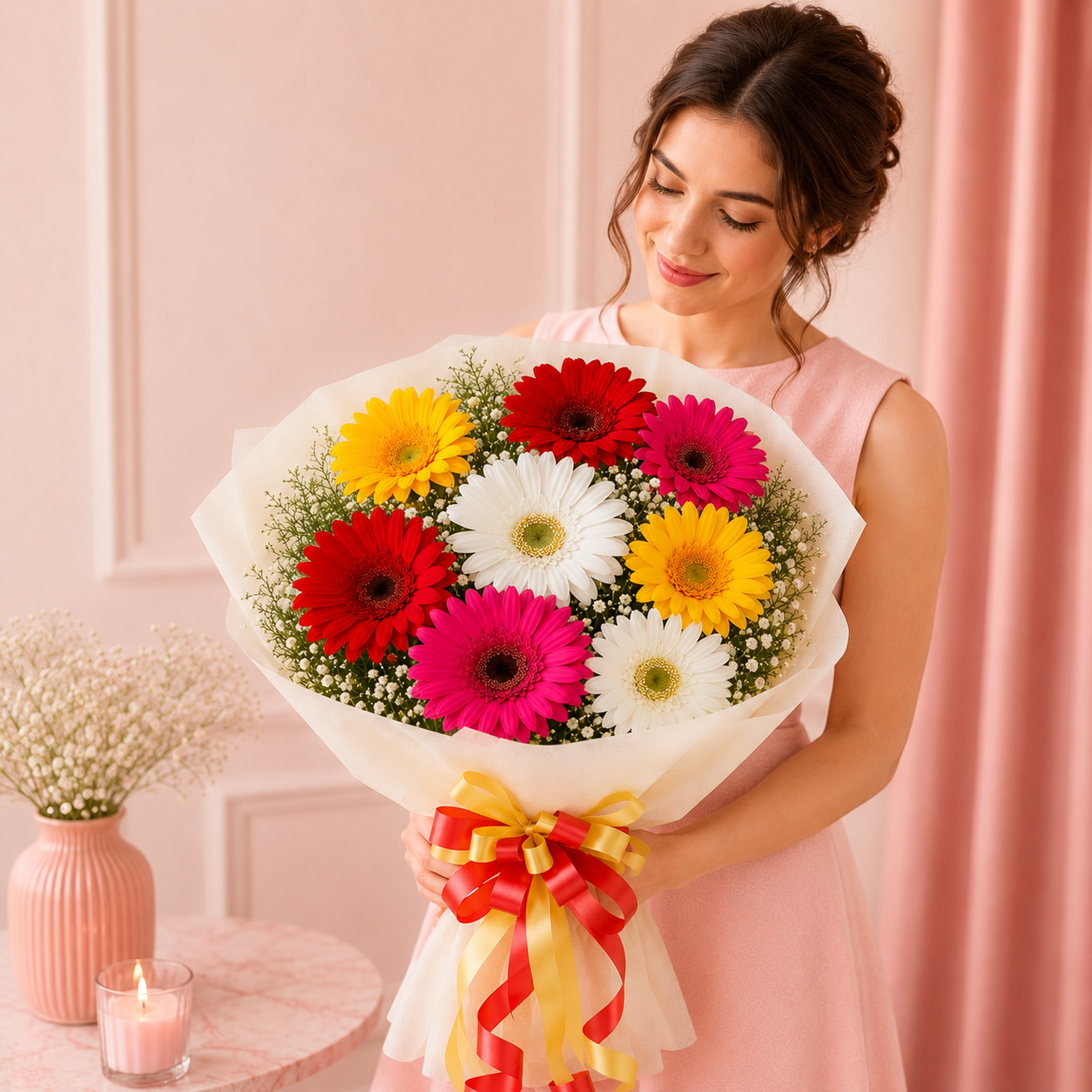 Mixed Brilliance Gerbera Flower Bouquet – Colorful Gerbera Bouquet with Gypsophila Fillers