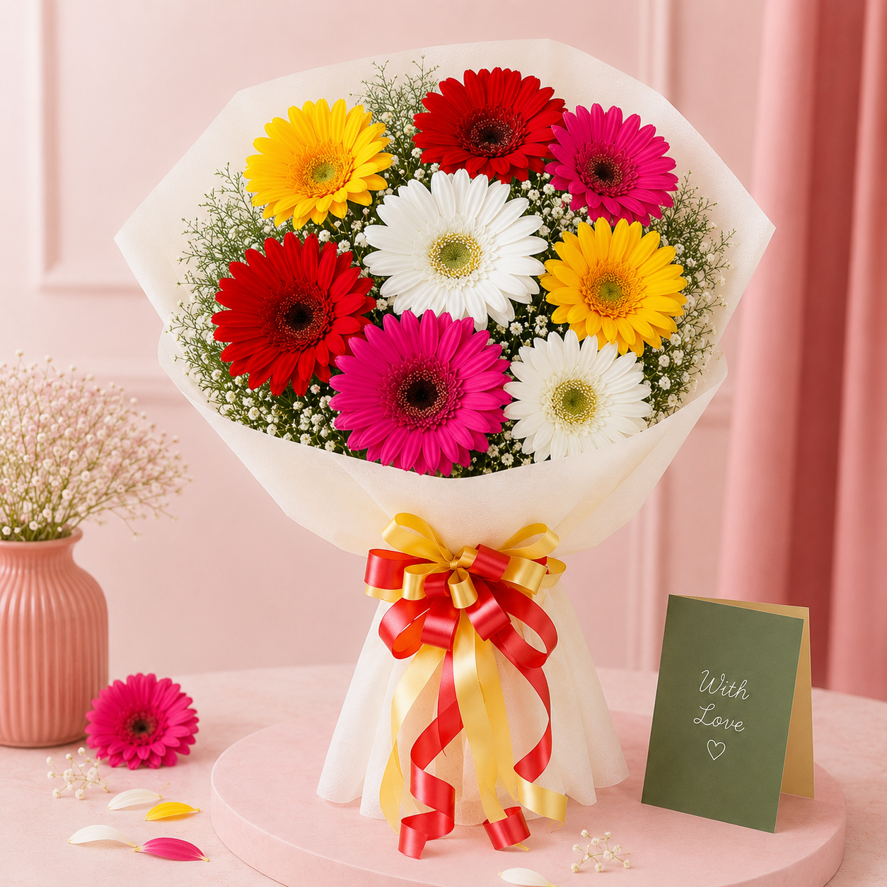 Mixed Brilliance Gerbera Flower Bouquet – Colorful Gerbera Bouquet with Gypsophila Fillers