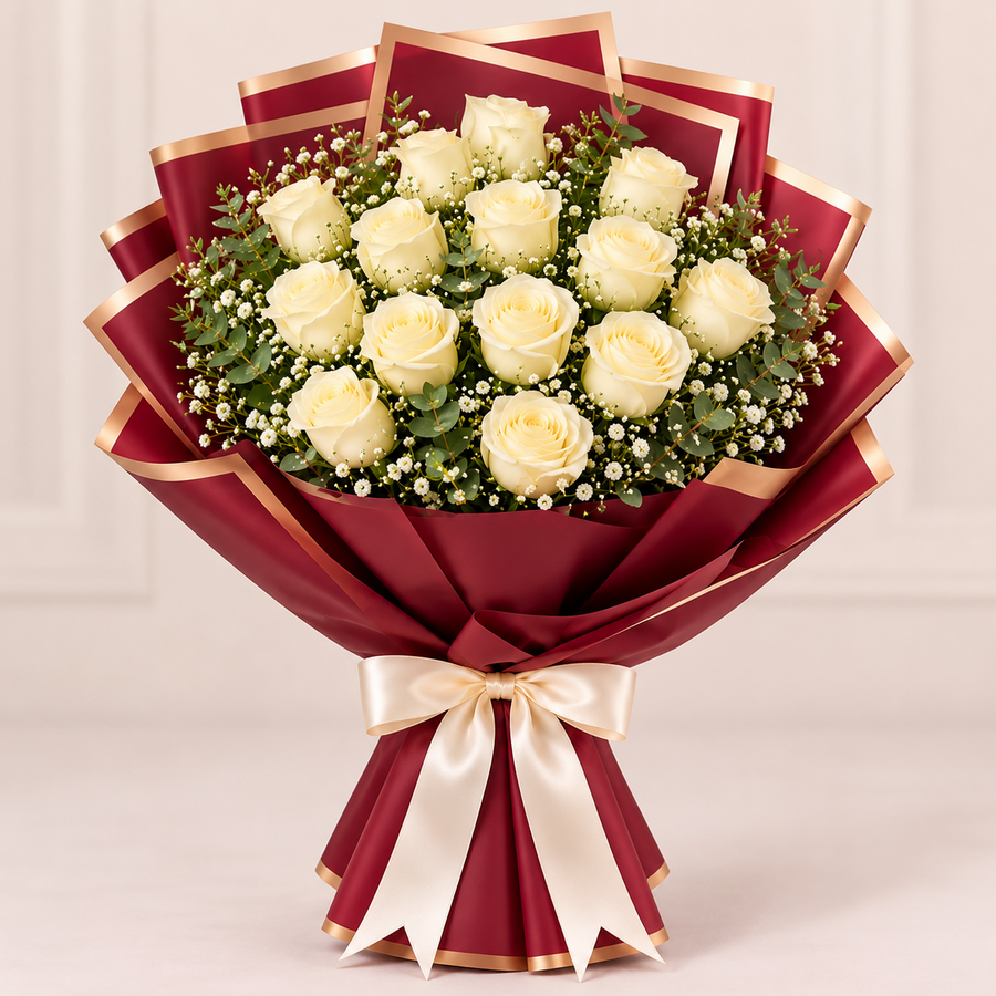 Elegant Burgundy-Wrapped Bouquet of 15 White Roses
