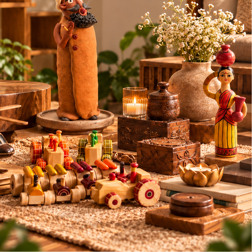 A styled tabletop display of handcrafted wooden toys and decorative objects, including a tall orange figurine, a small standing female figure, wooden toy cars, stacked wooden boxes, a lit candle in a glass holder, and a vase of white flowers on a woven rug.