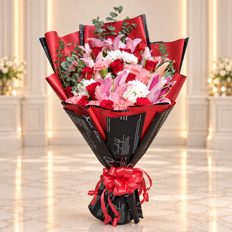 Velvet Romance – Roses, Lilies & Carnations Mixed Flowers Bouquet