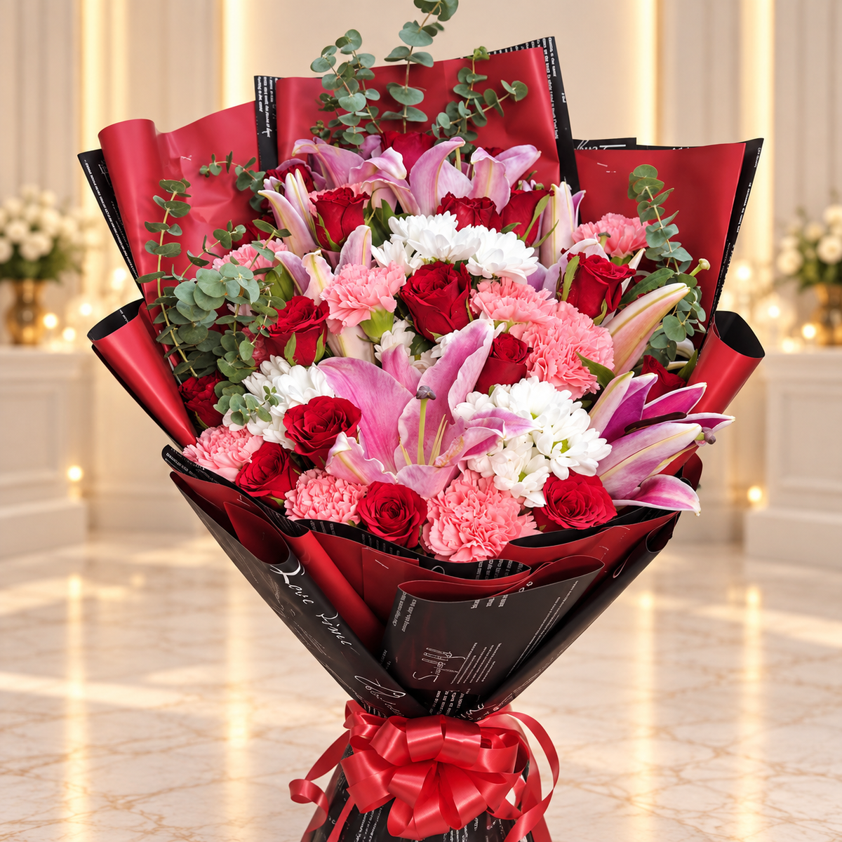 Velvet Romance – Roses, Lilies & Carnations Mixed Flowers Bouquet