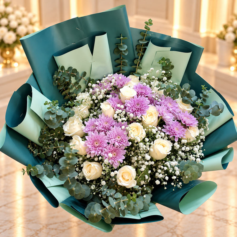 Ivory Bliss – Premium White Rose & Daisy Bouquet