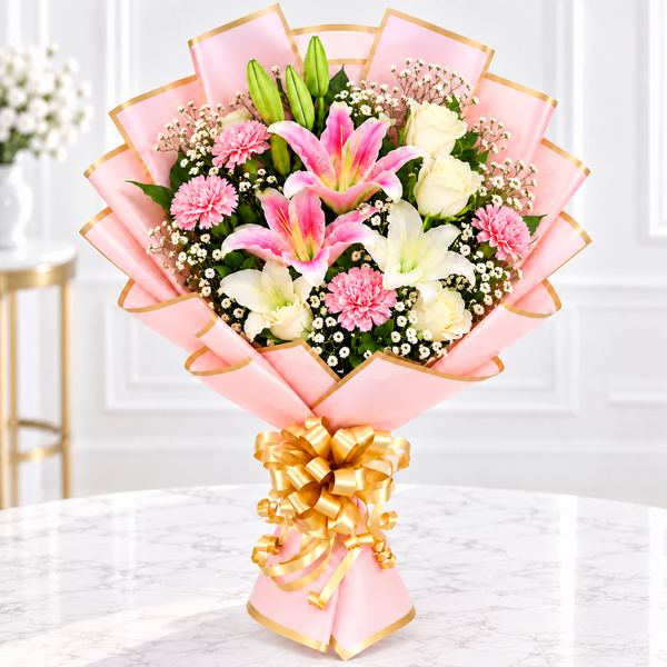 The Blush Affair White Rose, Pink Carnation & Lily Bouquet