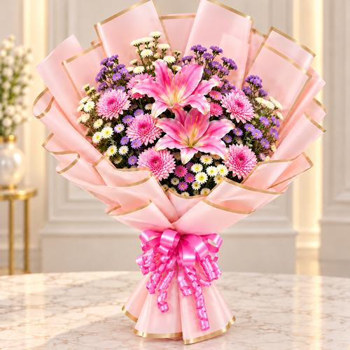 Blossom Serenity Beautiful Lily & Daisy Flowers Bouquet