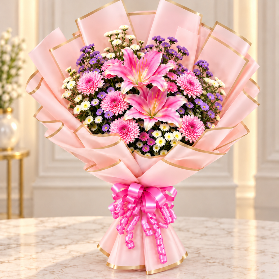 Blossom Serenity Beautiful Lily & Daisy Flowers Bouquet