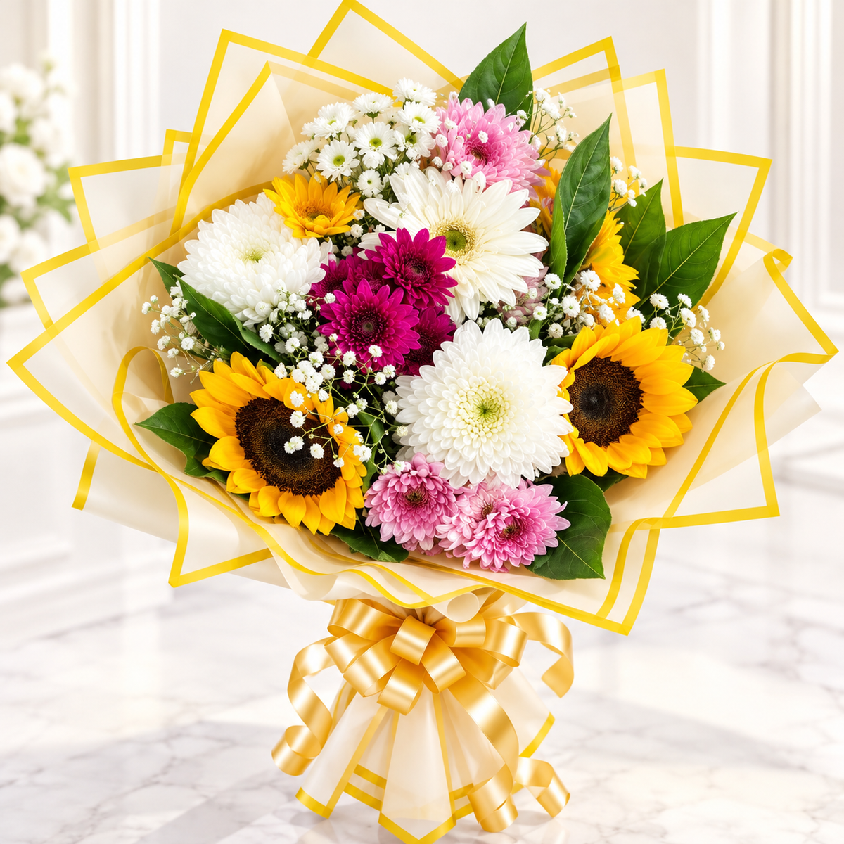 Golden Grace - Sunflower, Gerbera & Chrysanthemum Mixed Flowers Bouquet