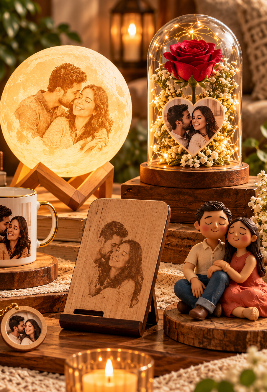 A styled collection of custom photo memorial gifts on a rustic wooden table, including a glowing moon lamp, a glass dome with a red rose and heart-shaped photo, a printed mug, a wooden photo frame, a small figurine, and a candle.