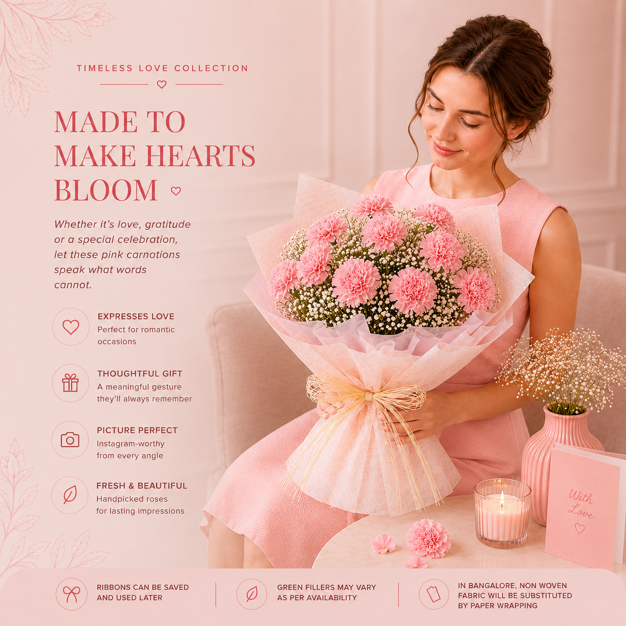 Love For Pastel Carnations Flower Bouquet – 15 Baby Pink Carnations with Gypsophila Fillers