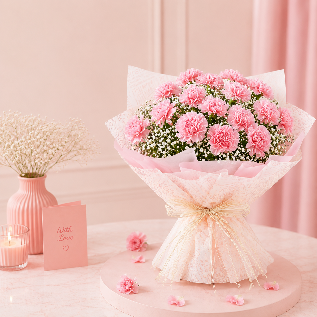 Love For Pastel Carnations Flower Bouquet – 15 Baby Pink Carnations with Gypsophila Fillers