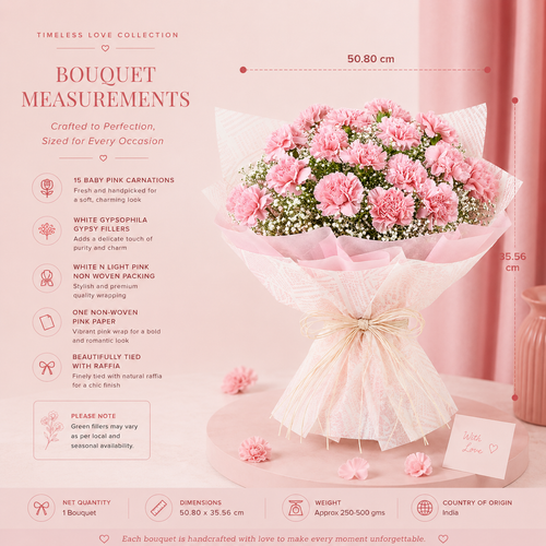 Love For Pastel Carnations Flower Bouquet – 15 Baby Pink Carnations with Gypsophila Fillers