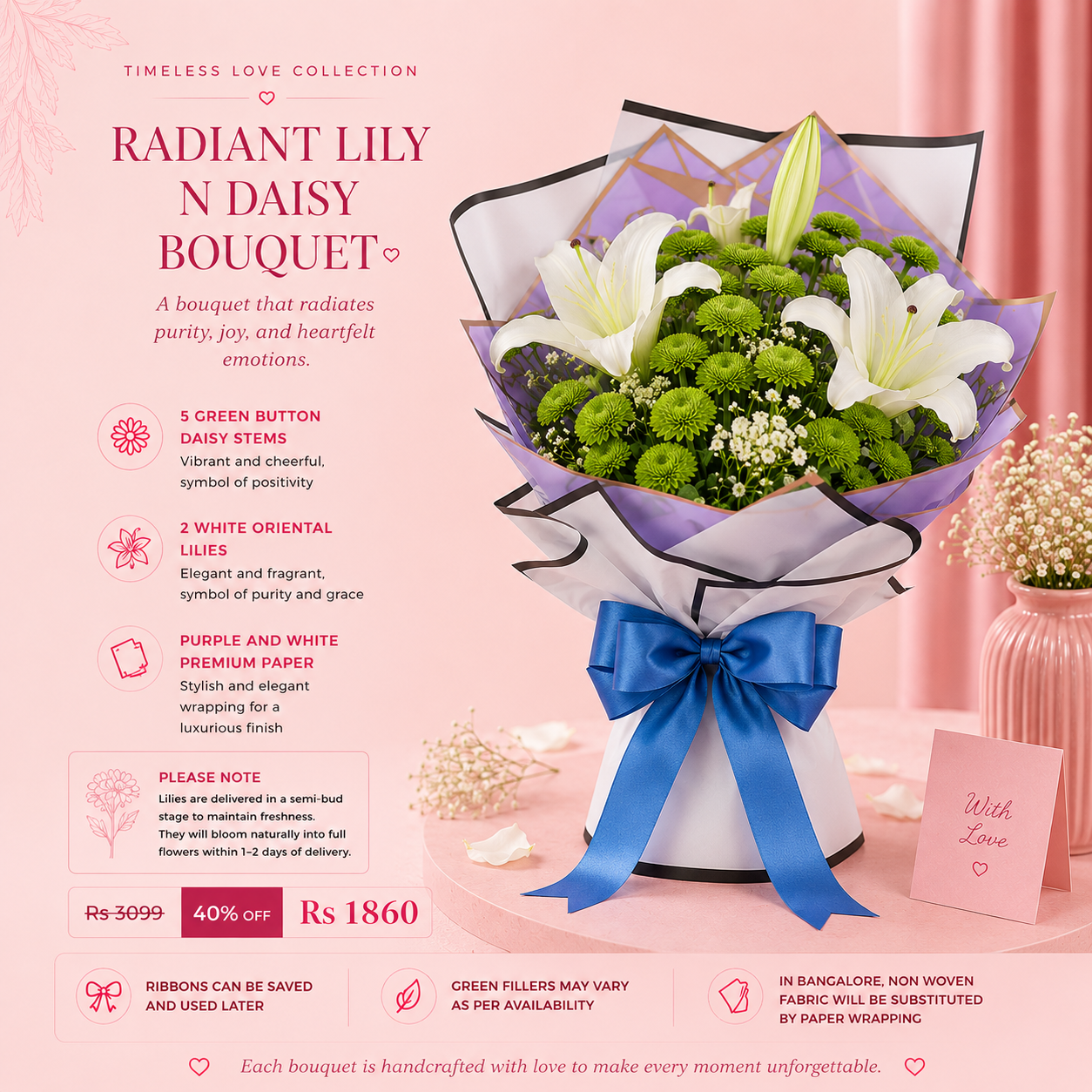 Radiant Lily N Daisy Bouquet – White Oriental Lilies & Green Button Daisy Luxury Bouquet