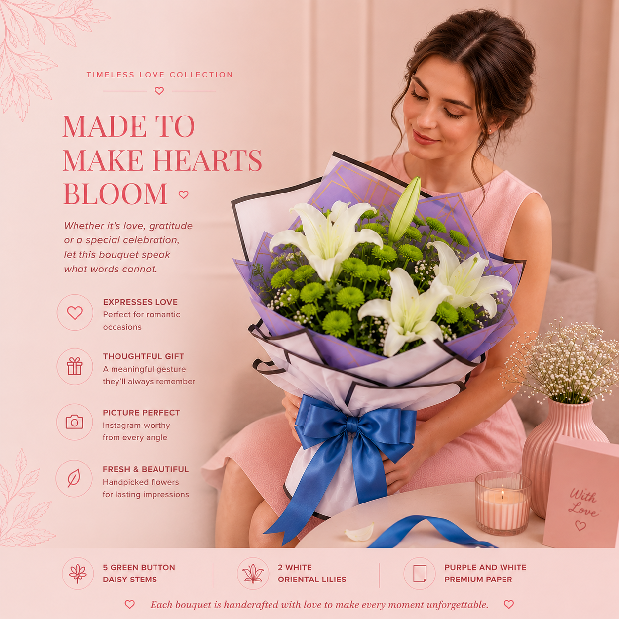 Radiant Lily N Daisy Bouquet – White Oriental Lilies & Green Button Daisy Luxury Bouquet