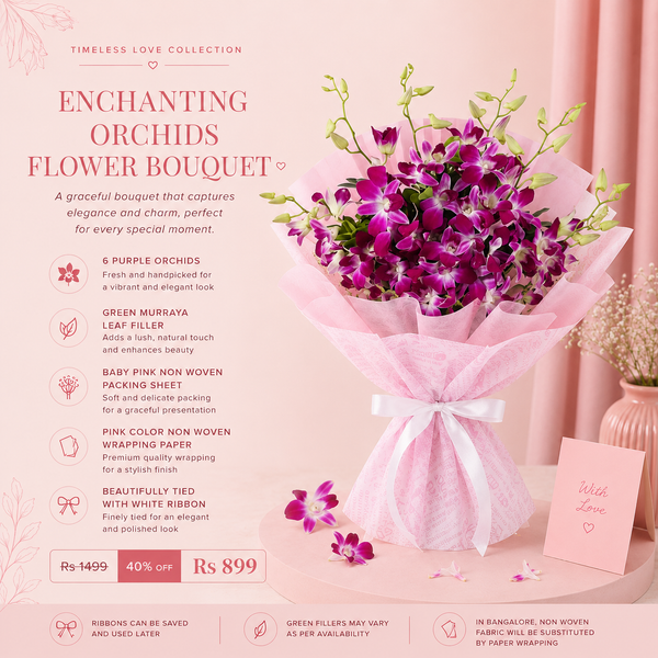 Enchanting Orchids Flower Bouquet – Premium Purple Orchid Bouquet with Elegant Pink Wrapping