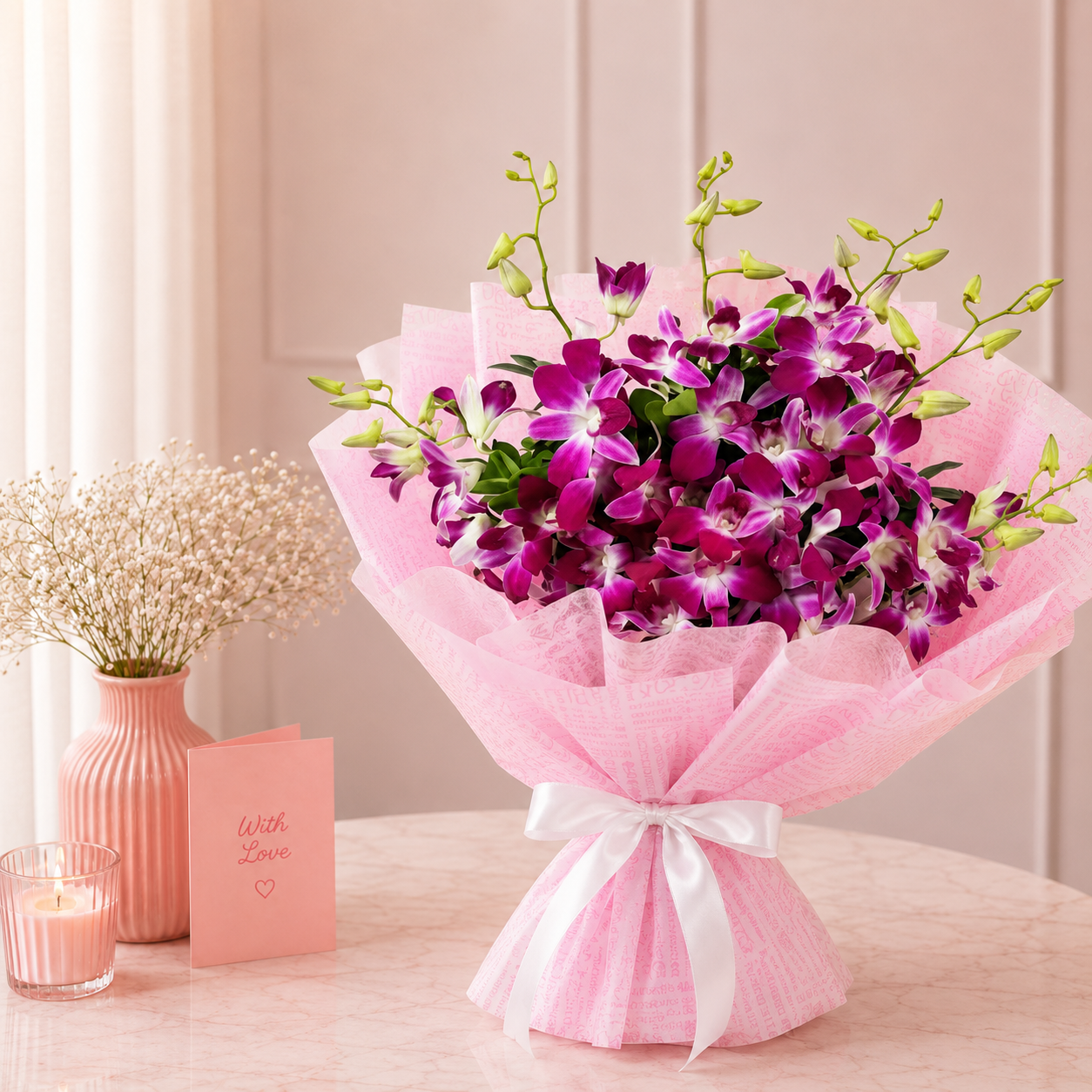 Enchanting Orchids Flower Bouquet – Premium Purple Orchid Bouquet with Elegant Pink Wrapping