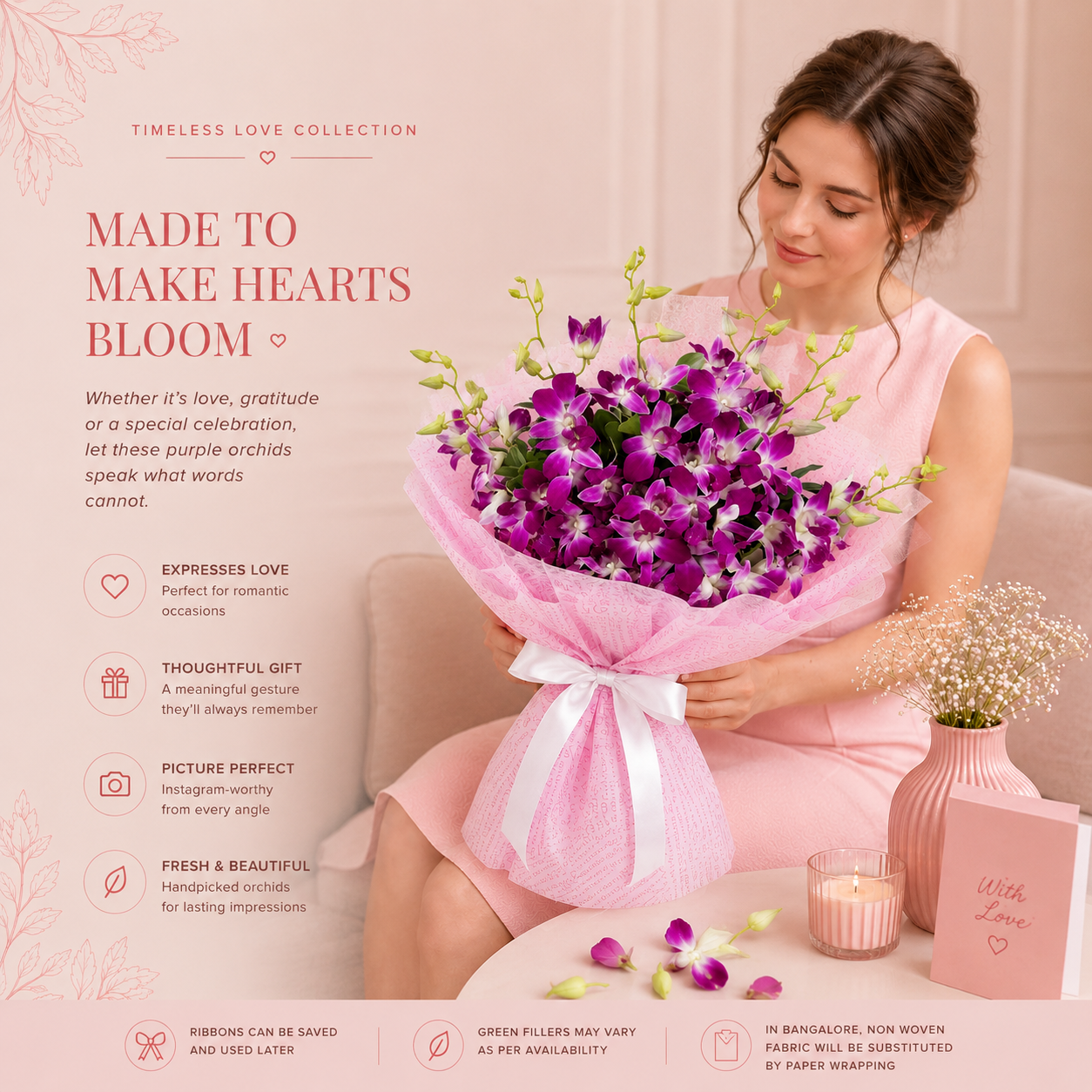 Enchanting Orchids Flower Bouquet – Premium Purple Orchid Bouquet with Elegant Pink Wrapping