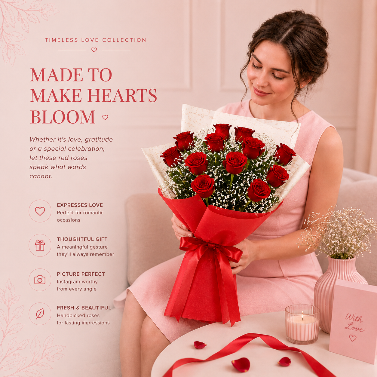 Confetti Of Love Red Roses Bouquet – 12 Red Roses with White Gypsophila Fillers