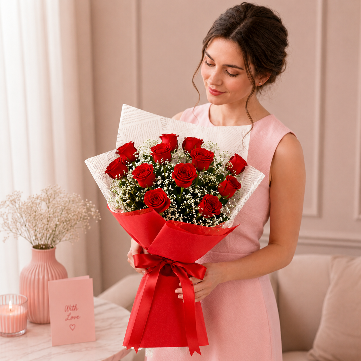 Confetti Of Love Red Roses Bouquet – 12 Red Roses with White Gypsophila Fillers
