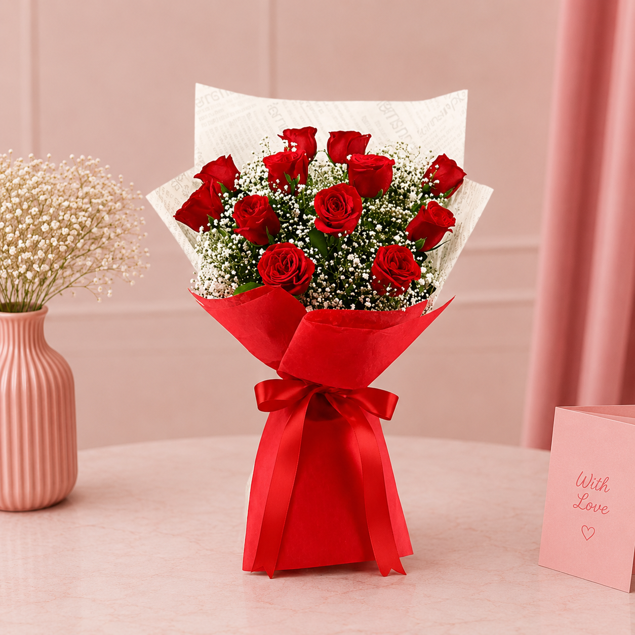 Confetti Of Love Red Roses Bouquet – 12 Red Roses with White Gypsophila Fillers