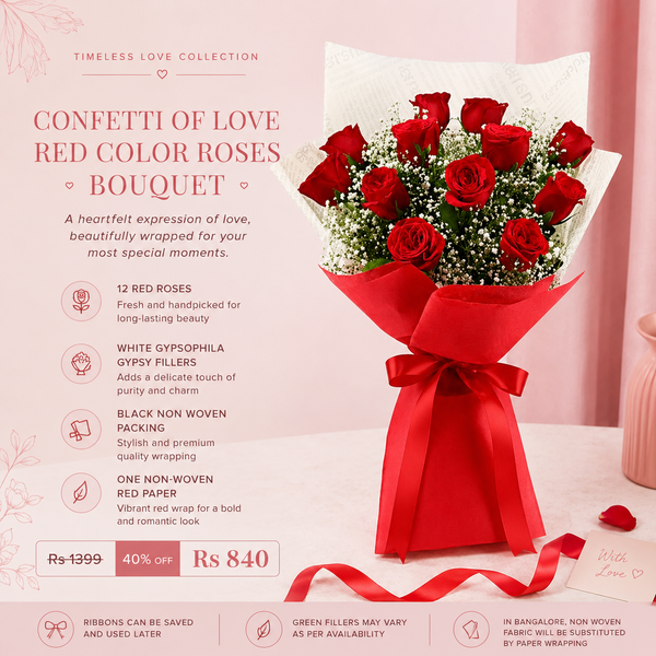 Confetti Of Love Red Roses Bouquet – 12 Red Roses with White Gypsophila Fillers