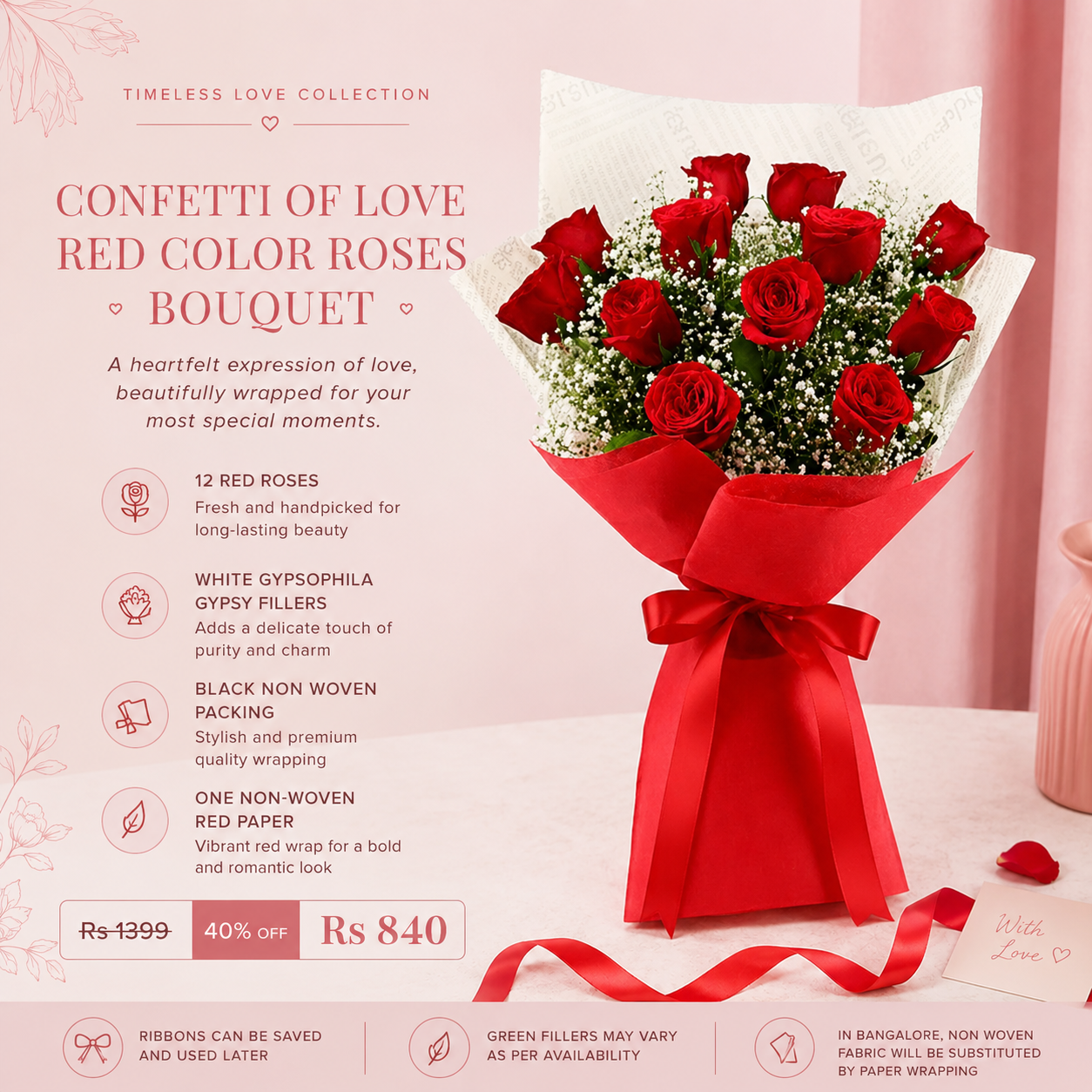 Confetti Of Love Red Roses Bouquet – 12 Red Roses with White Gypsophila Fillers