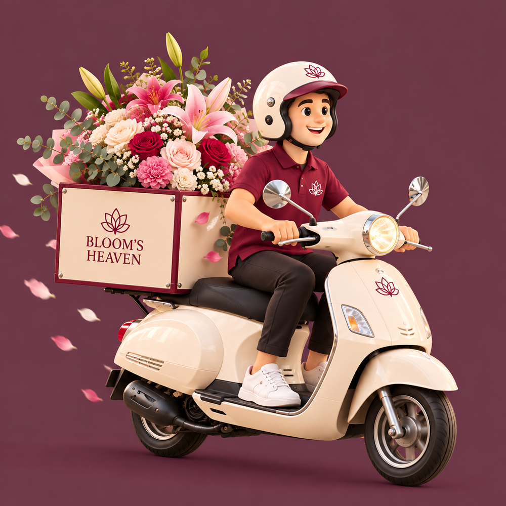 A stylized scooter with a large flower box being ridden by a person in a helmet and maroon shirt. The side panel of the box reads 'BLOOM'S HEAVEN' with a lotus logo.
